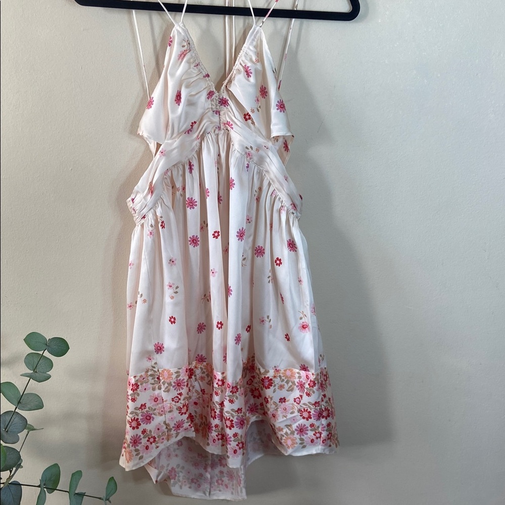 Free People Oasis Placed Floral Mini Slip Dress Cutout Satin Pink White L New - Picture 10 of 11